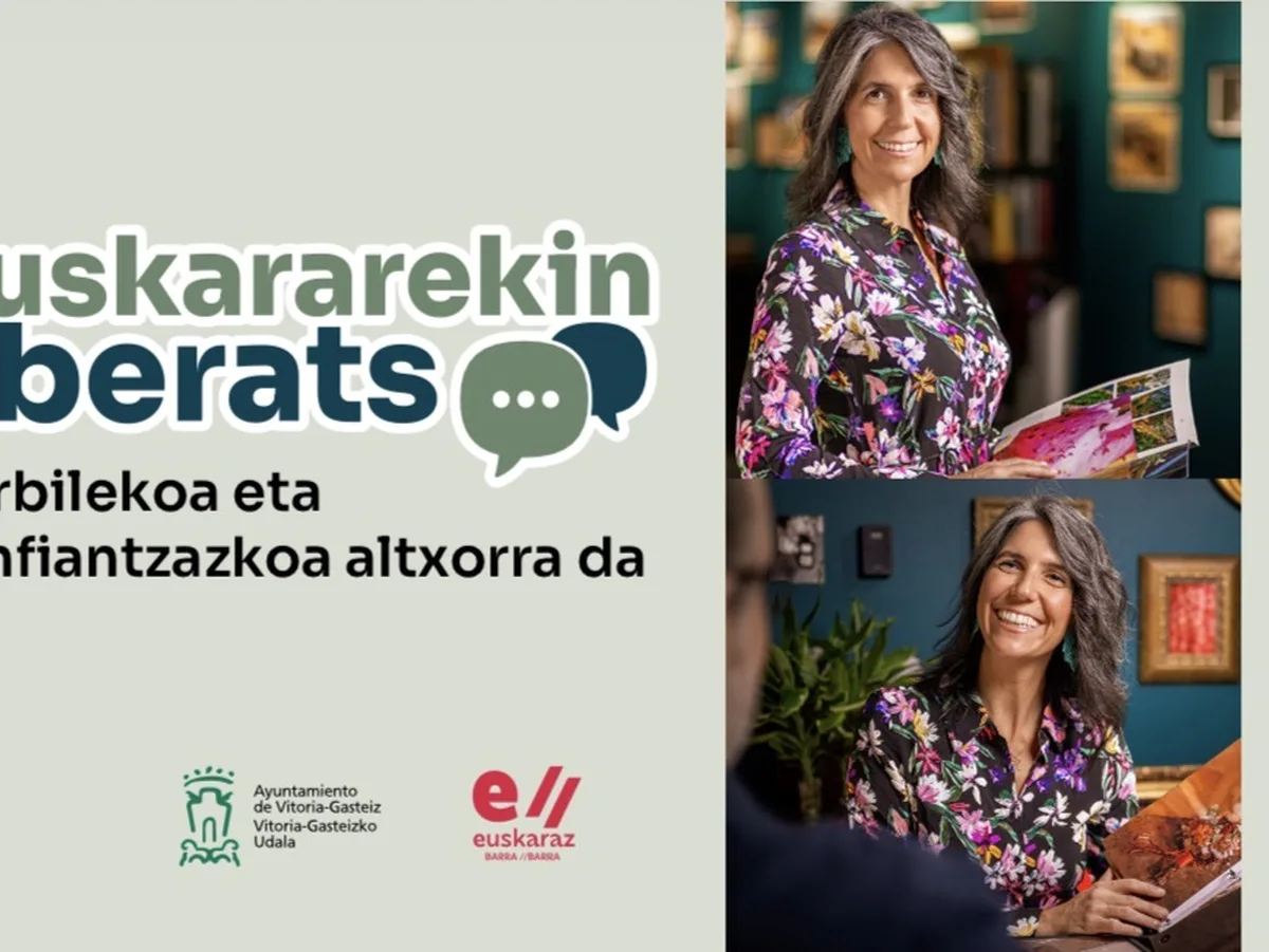 Euskararekin aberats kanpaina Gasteizen Euskararekin aberats kanpainaren irudia, emakume bat merkataritza-establezimendu batean